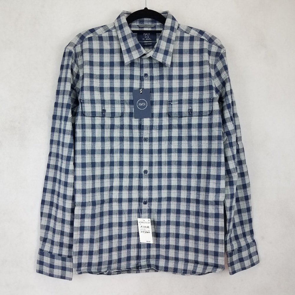 NWT 1901 Nordstrom Flannel Shirt Button up Check Mens XL Trim Fit Stretch Casual